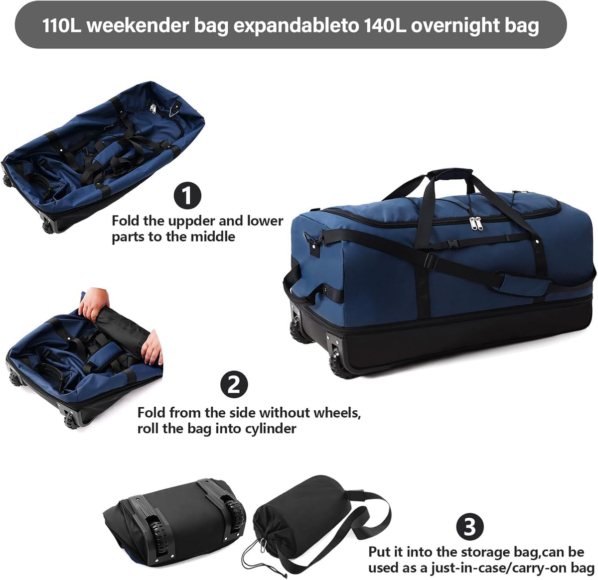 XWFB Rolling Duffle Bag 110L–140L Expandable Wheeled Travel Bag