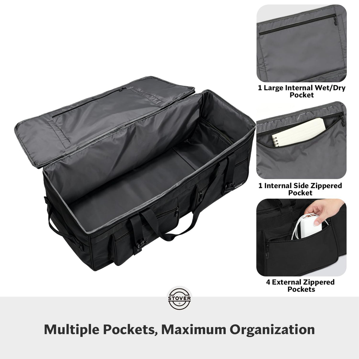 STOVER 100L Rolling Duffel Bag with Wheels & Backpack Straps, Black