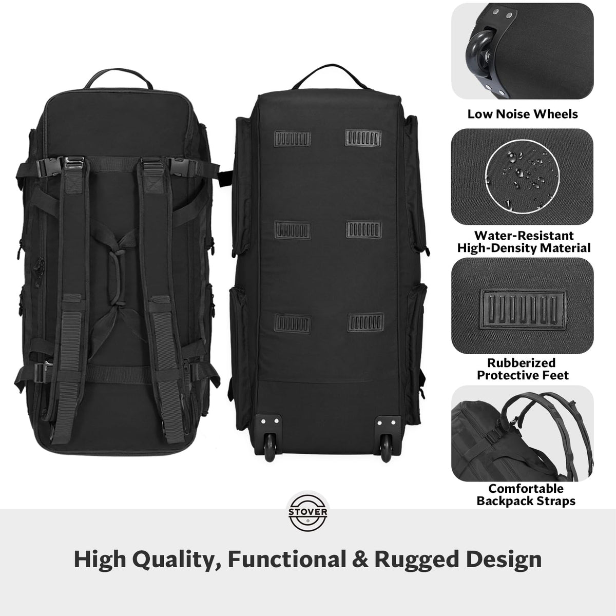 STOVER 100L Rolling Duffel Bag with Wheels & Backpack Straps, Black