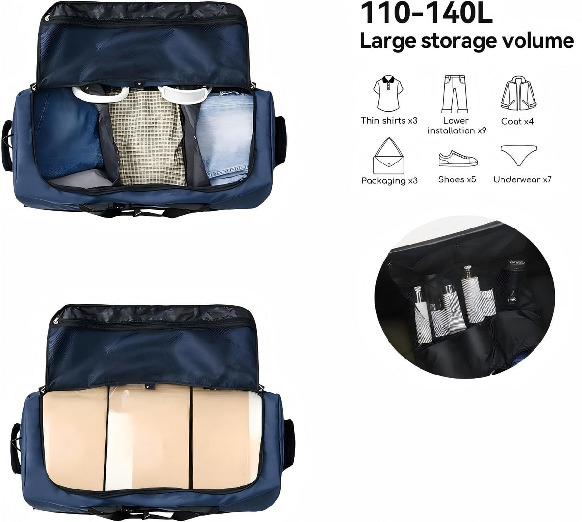 XWFB Rolling Duffle Bag 110L–140L Expandable Wheeled Travel Bag