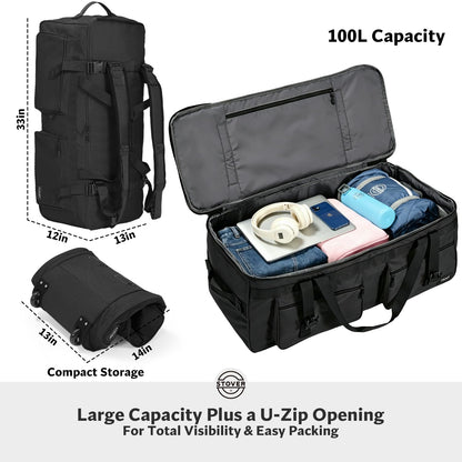 STOVER 100L Rolling Duffel Bag with Wheels & Backpack Straps, Black