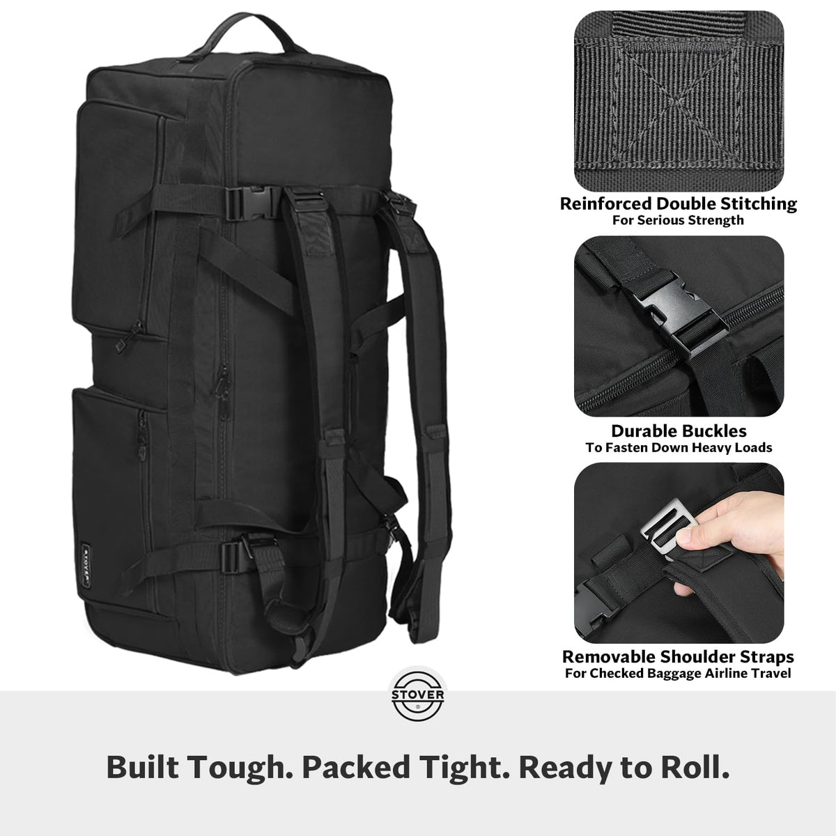 STOVER 100L Rolling Duffel Bag with Wheels & Backpack Straps, Black