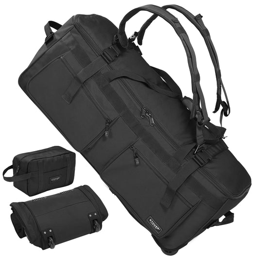 STOVER 100L Rolling Duffel Bag with Wheels & Backpack Straps, Black