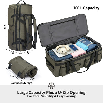 STOVER 100L Rolling Duffel Bag with Wheels & Backpack Straps, Green