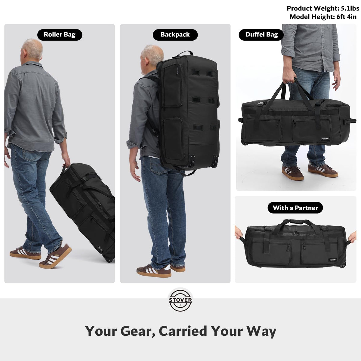 STOVER 100L Rolling Duffel Bag with Wheels & Backpack Straps, Black