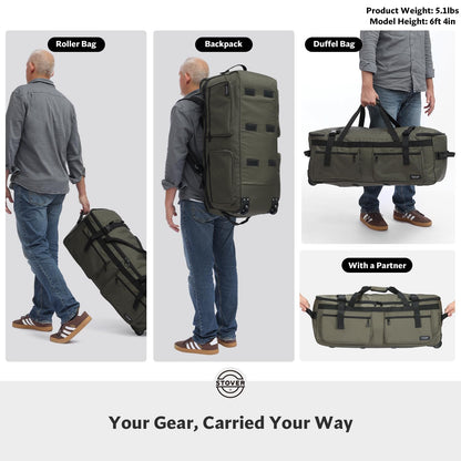 STOVER 100L Rolling Duffel Bag with Wheels & Backpack Straps, Green