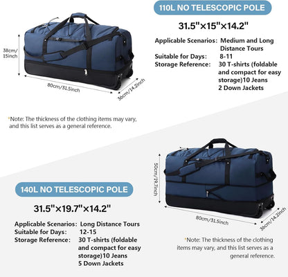 XWFB Rolling Duffle Bag 110L–140L Expandable Wheeled Travel Bag