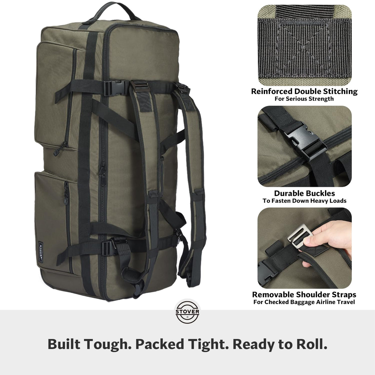 STOVER 100L Rolling Duffel Bag with Wheels & Backpack Straps, Green