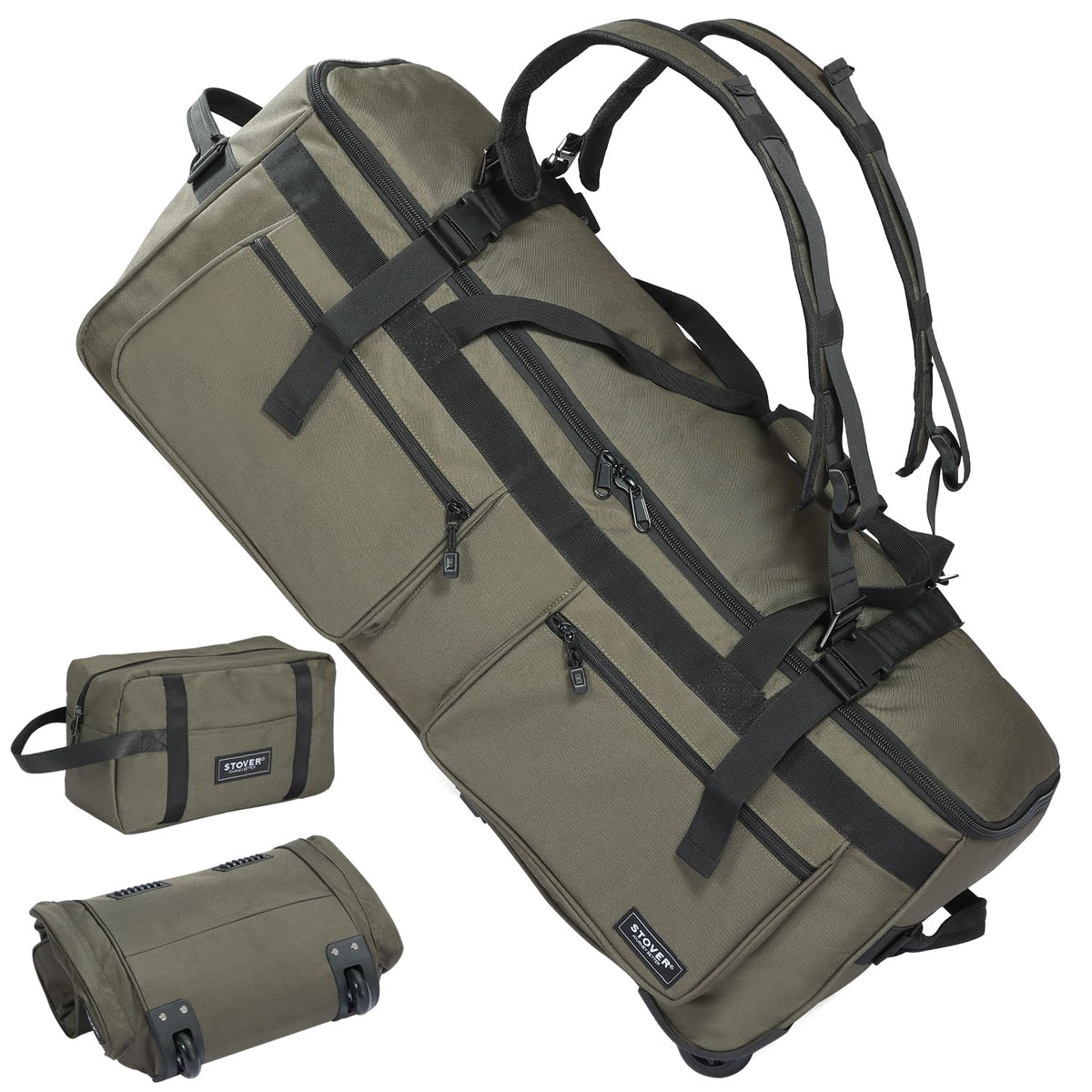 STOVER 100L Rolling Duffel Bag with Wheels & Backpack Straps, Green