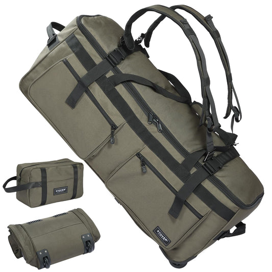 STOVER 100L Rolling Duffel Bag with Wheels & Backpack Straps, Green